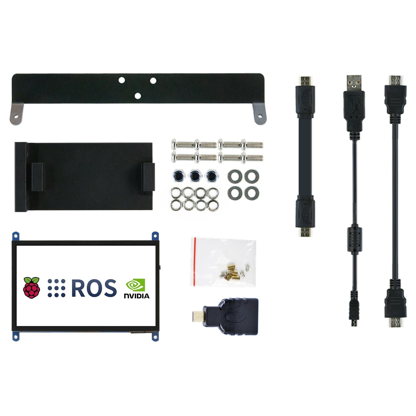 Package contents layout: bracket plates, screws, nuts, washers, 7-inch screen, HDMI and USB cables, power adapter