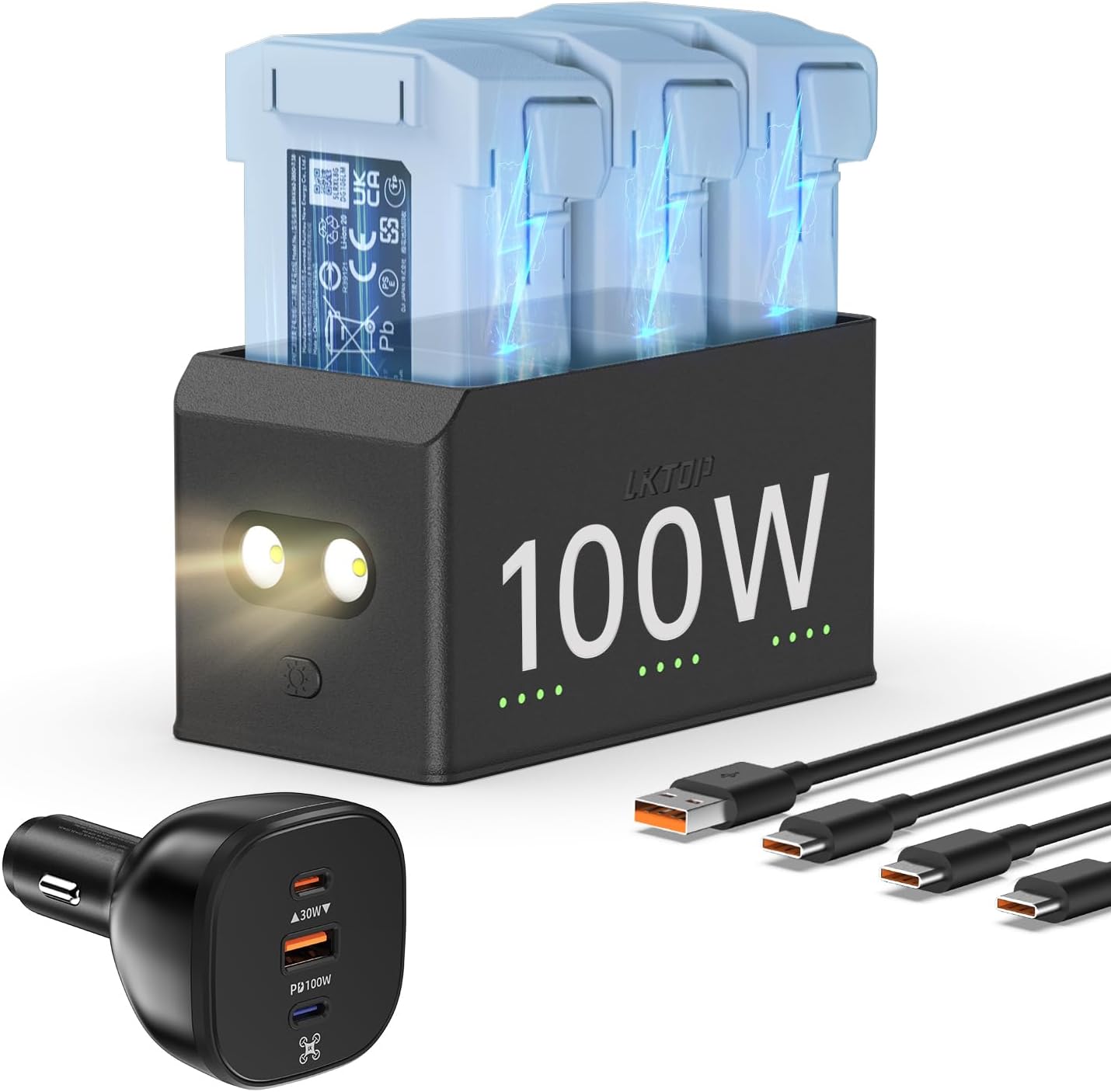 LKTOP 100W Fast Charging Hub for DJI Mini 5 Pro/Mini 4 Pro/Mini 3 Series, 3-Battery Parallel, LED/SOS/Storage