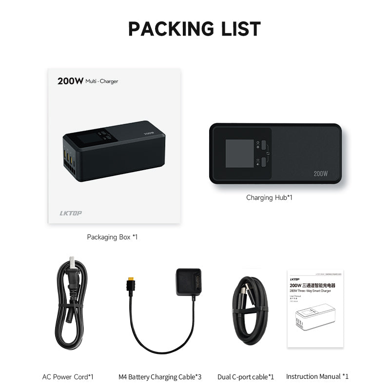 LKTOP 200W multi-charger for DJI Mavic 4 Pro includes hub, cables, and LCD with smart charging modes.