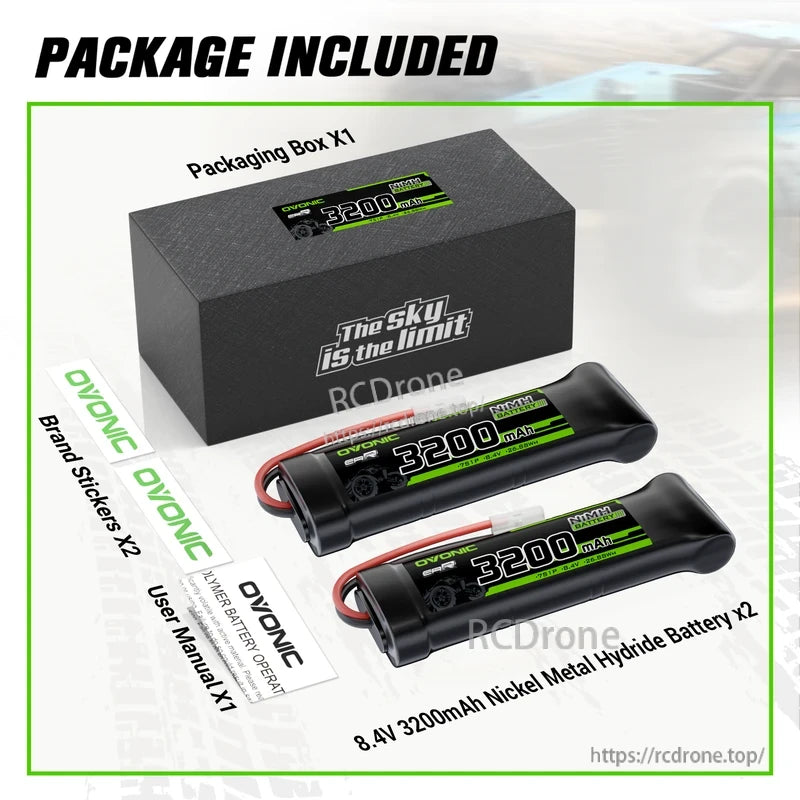Package contents: two OVONIC 8.4V 3200mAh NiMH batteries, box, brand stickers and user manual