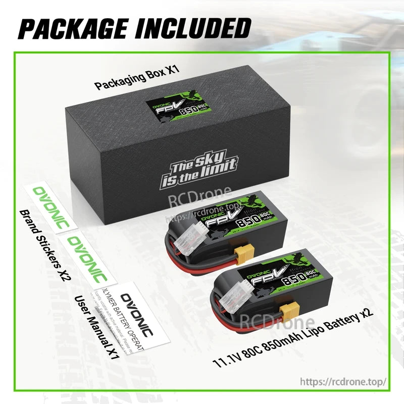 Package contents: 2× OVONIC 850mAh 3S 11.1V 80C LiPo batteries, packaging box, stickers and user manual