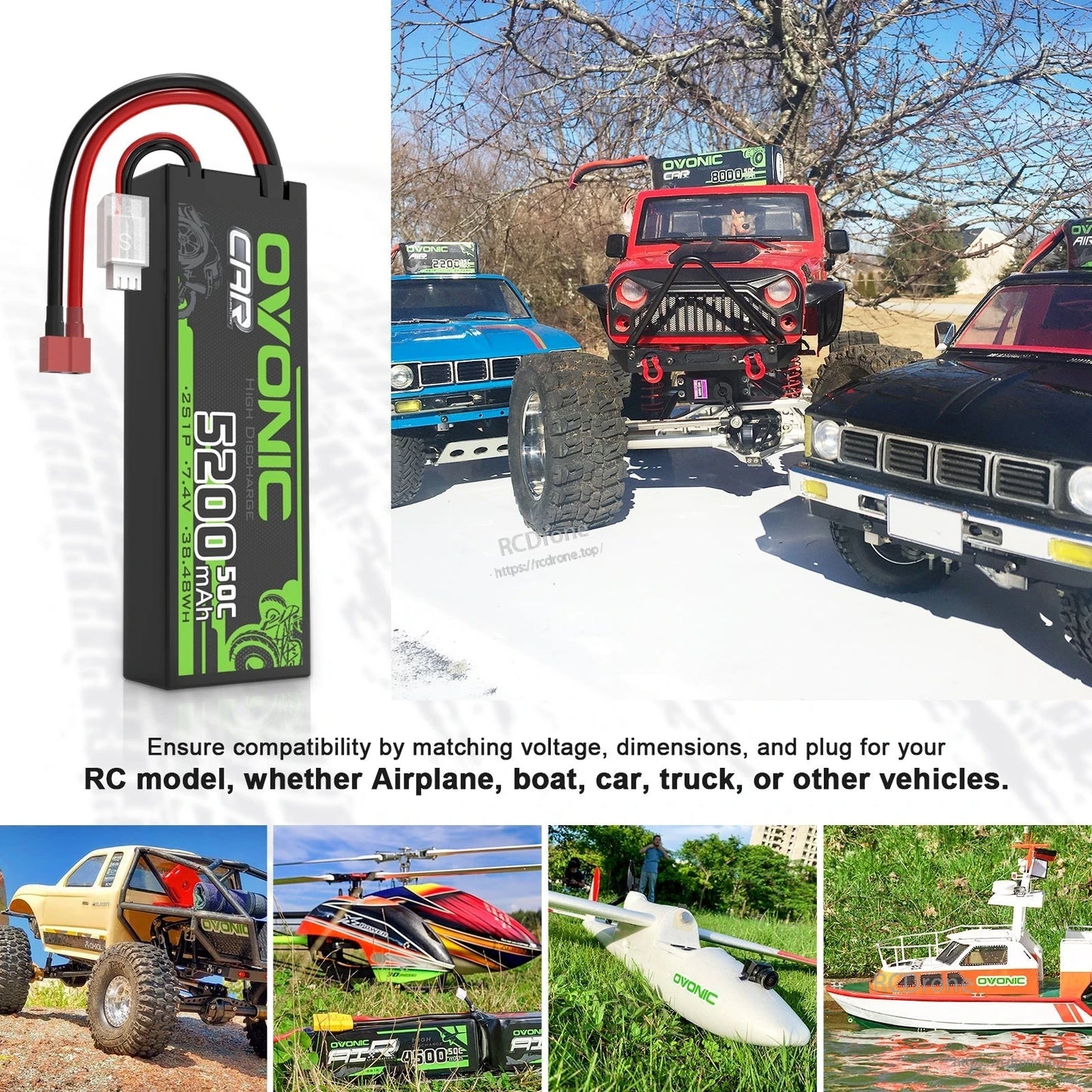 Application collage showing battery with RC car, truck, boat, airplane and helicopter use examples