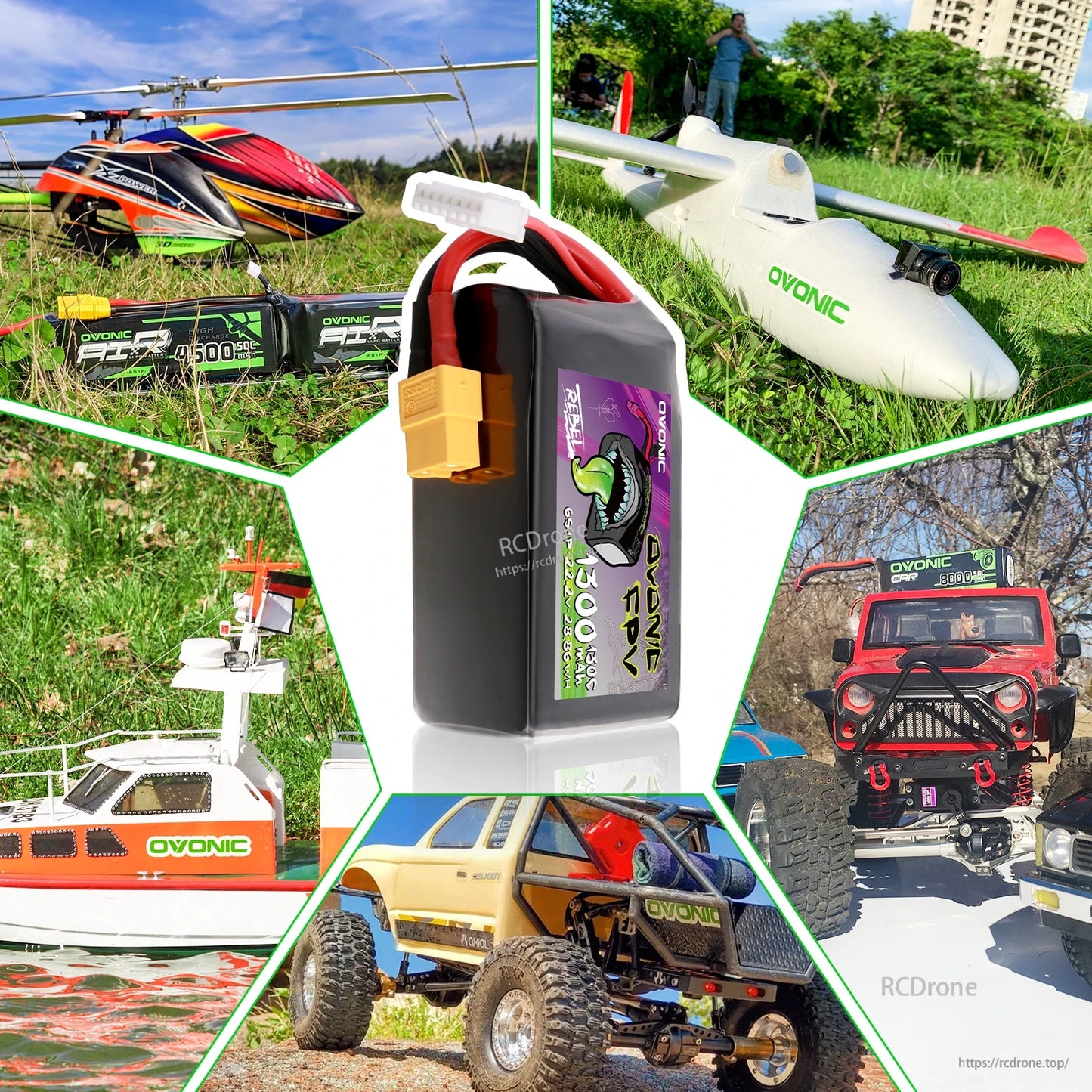 LiPo battery use case collage with RC helicopter, fixed-wing plane, boat, and off-road RC cars