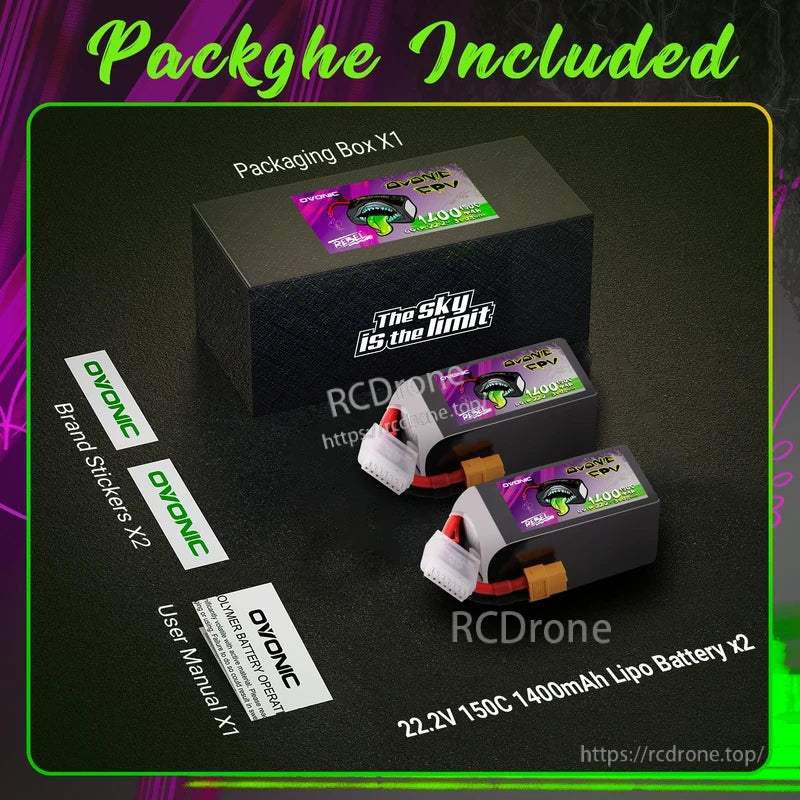 Package contents: 2 LiPo batteries, packaging box, brand stickers, and user manual
