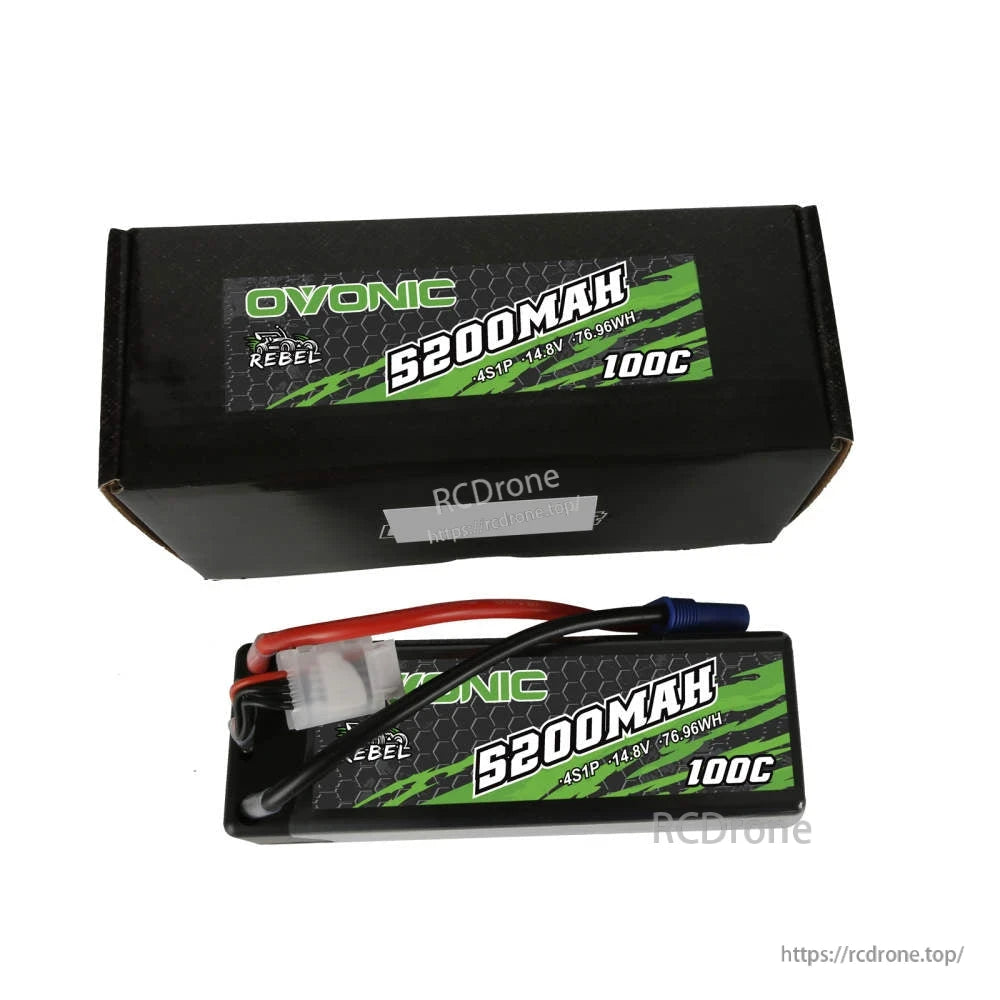 Box-and-battery set on white background showing Ovonic Rebel 5200mAh 100C label and included packaging