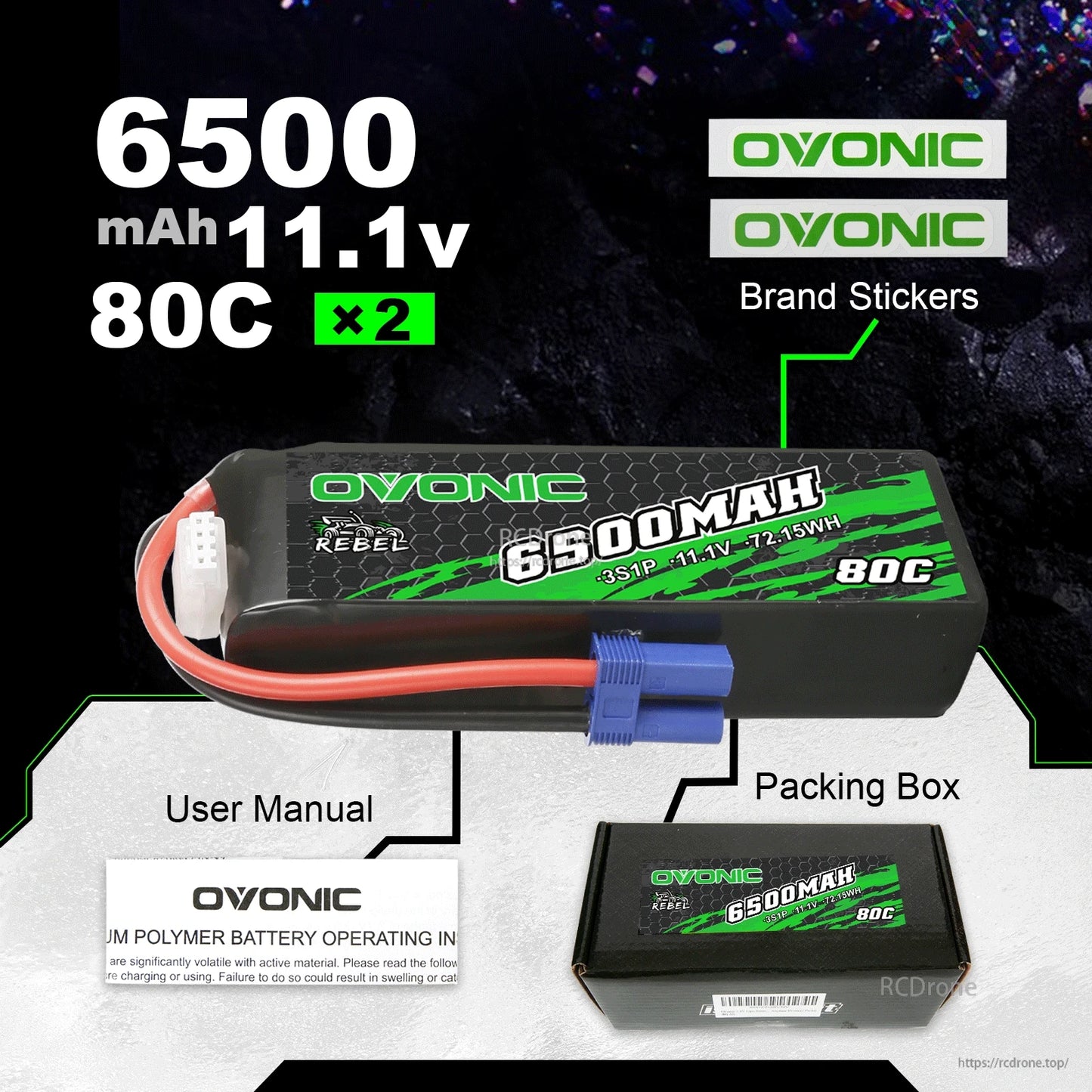 Package contents: Ovonic 6500mAh 11.1V 80C battery x2 with stickers, user manual, and packing box
