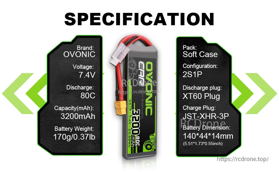 Specification table graphic: OVONIC 7.4V 2S1P soft case, 3200mAh 80C, XT60 discharge, JST-XHR-3P balance