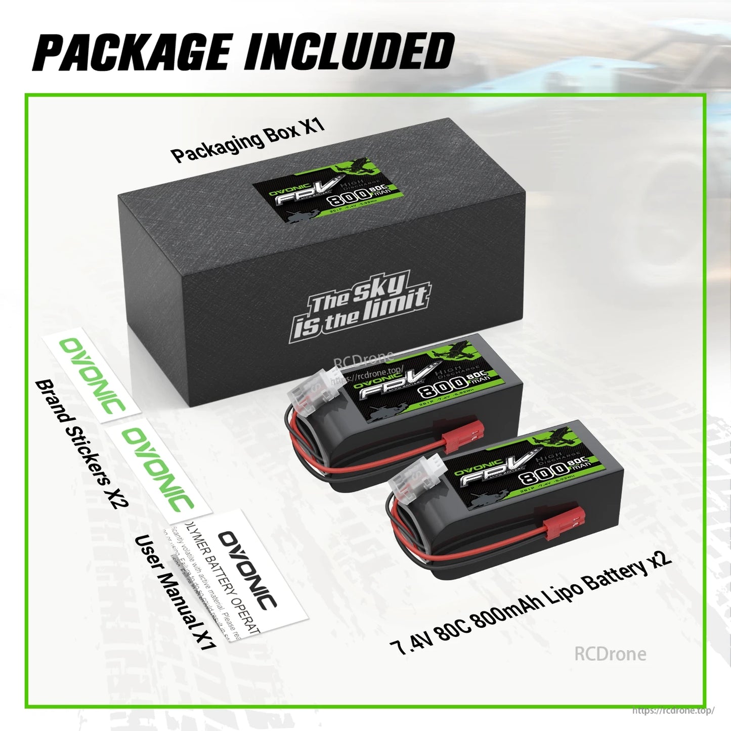 Package contents: box, two 7.4V 80C 800mAh LiPo batteries, user manual and OVONIC brand stickers