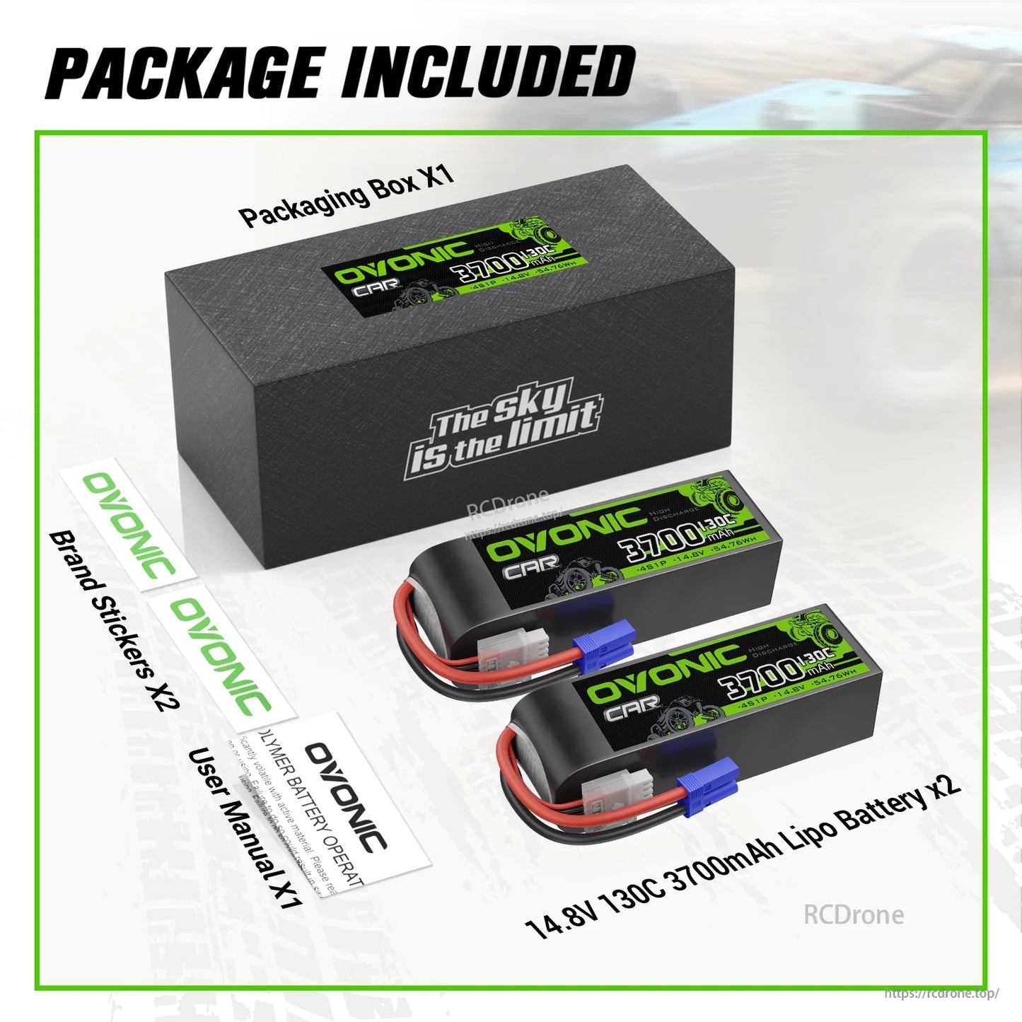 Package contents: box, 2 Ovonic 14.8V 3700mAh 130C LiPo batteries, brand stickers, user manual