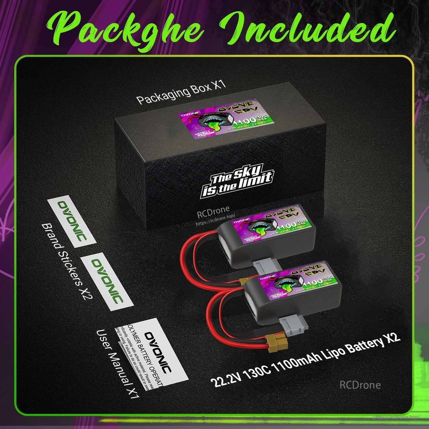 Package contents: Ovonic Rebel FPV LiPo batteries, retail box, brand stickers, and user manual