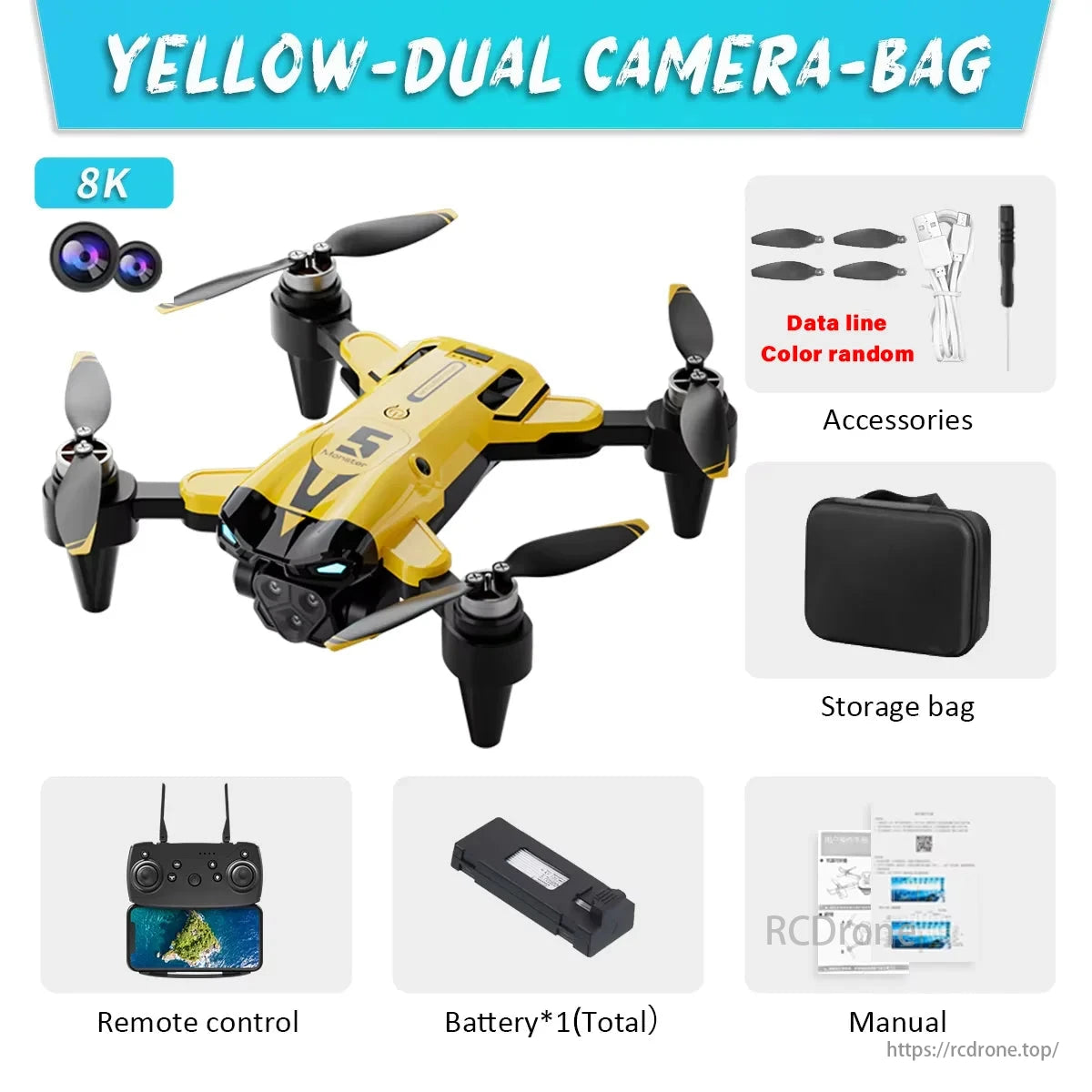 2024 New M5 Drone, Yellow drone with 8K dual camera, remote, battery, accessories, bag, and manual.