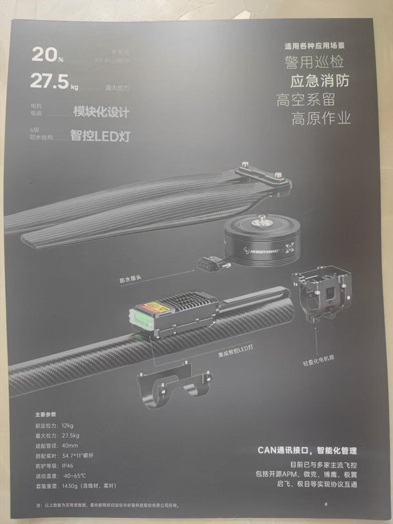 Hobbywing H9 Motor, High-performance motor for high-altitude and emergency use, with robust specs and compact design.