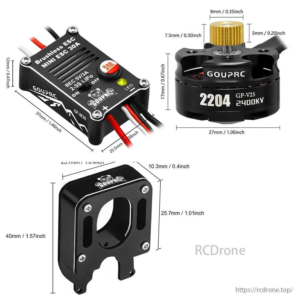 2204 2400KV Brushless Outrunner Motor, 2204 2400KV brushless motor, 30A ESC, and transmission mount for SCX24 1/24 RC crawler truck with dimensions and specifications.