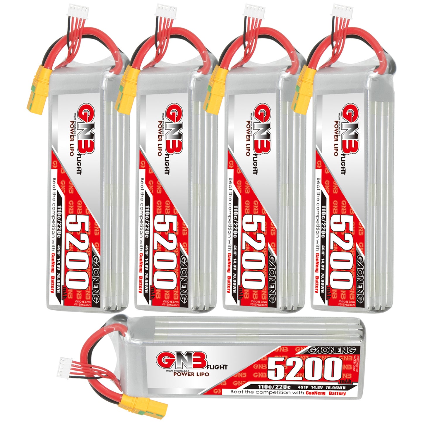 Five-pack display of GNB 5200mAh LiPo batteries, four upright plus one horizontal