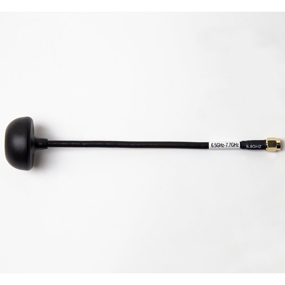 Side profile of mushroom FPV antenna with SMA connector and printed frequency band markings on cable