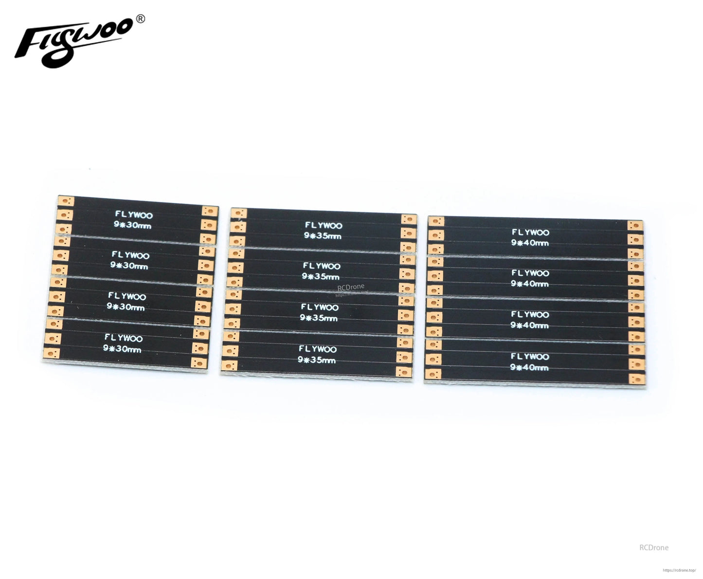 FLYWOO frame arm board set with four black PCB arms labeled 9×30mm, 9×35mm, and 9×40mm