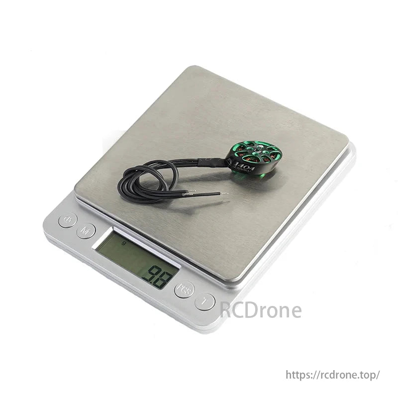 4PCS Flash Hobby Arthur A1404 Brushless Motor, A1404 Brushless Motor on digital scale, displaying weight of 9.8 grams.
