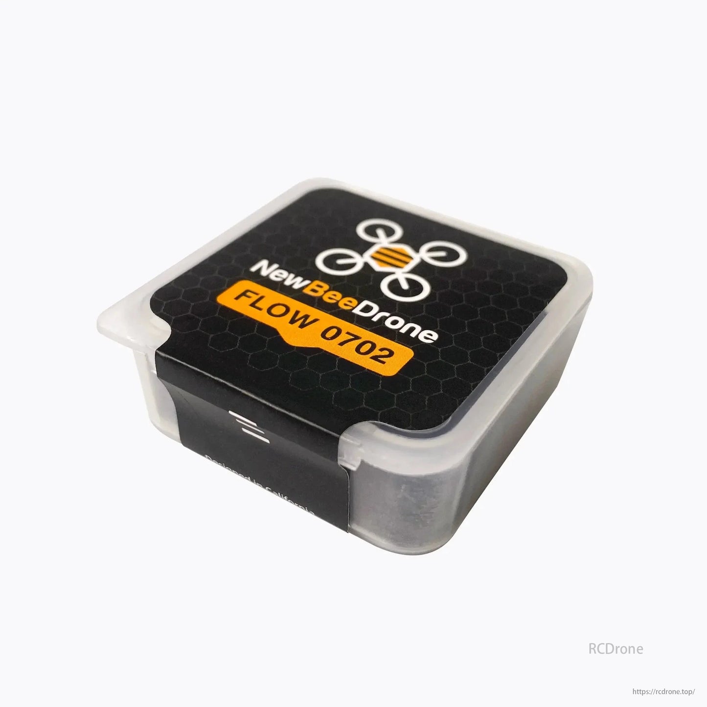 NewBeeDrone Flow 0702 27000KV FPV motor with dual ball bearings, in a clear box with black and orange labels.