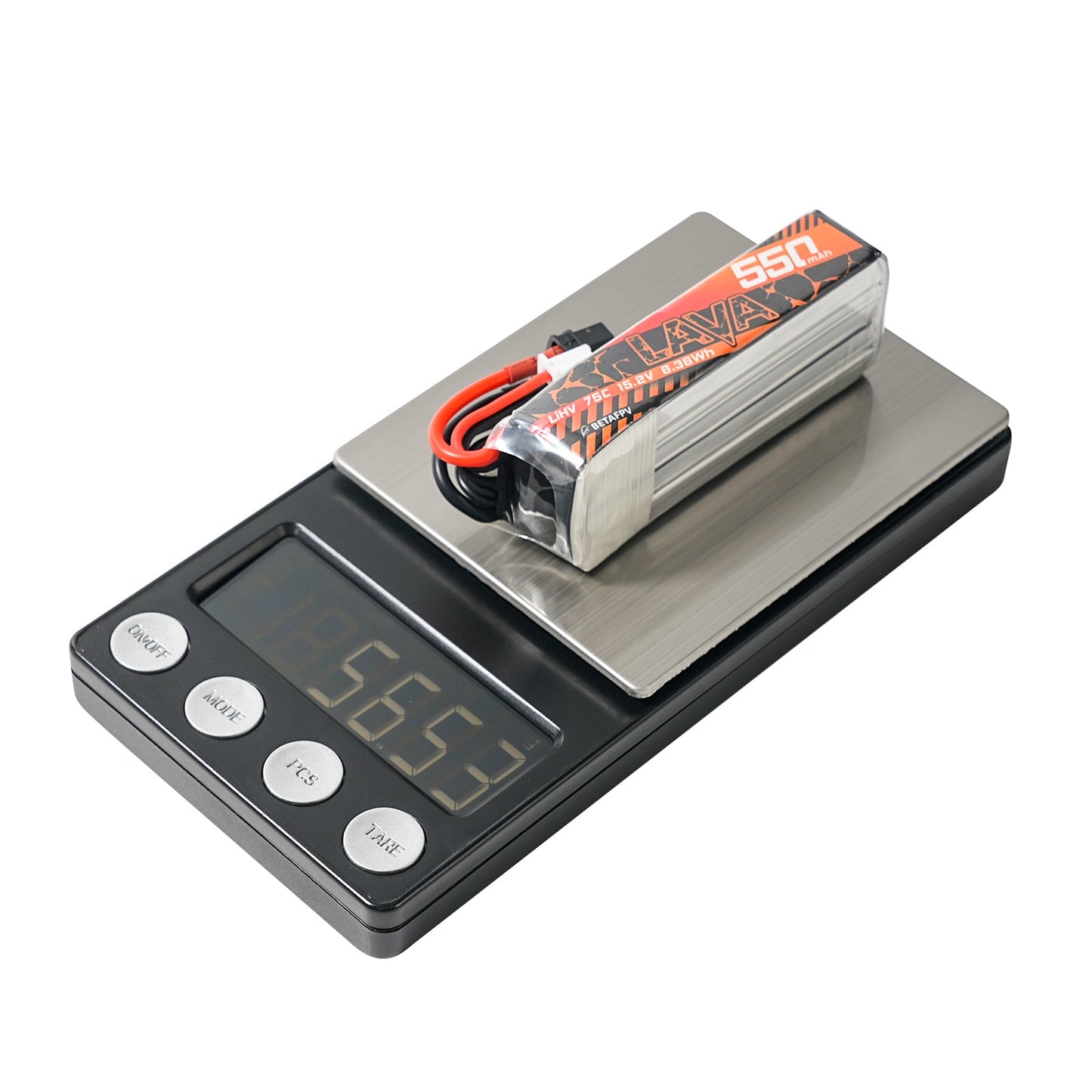 Single LAVA 550mAh battery on digital scale, weight display reads 56.53 g
