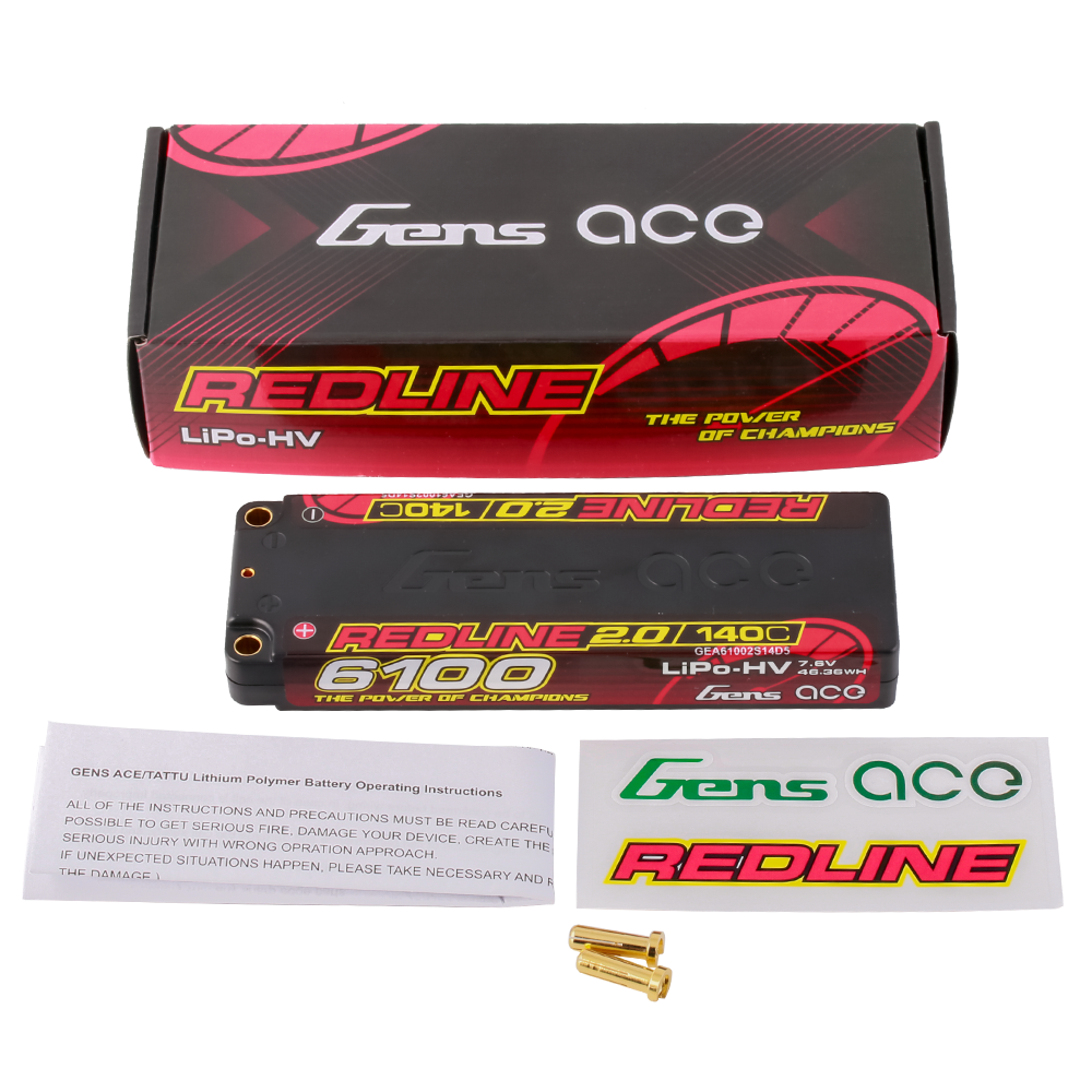 باتری لیتیوم پلیمر Gens ace Redline 2.0 ظرفیت 6100 میلیآمپر ساعت، 2 سلول، 140C، 7.6 ولت HV با قاب سخت و کانکتور 5.0 میلیمتری بولت