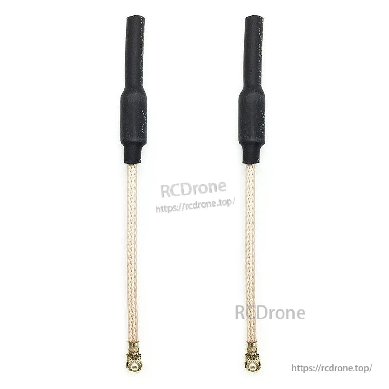 Two 70mm 5.8GHz linear omni FPV antennas with U.FL/IPEX connectors, front view on white background
