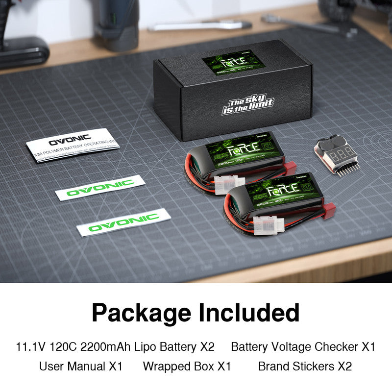 2-Pack Ovonic Force 3S 2200mAh 120C 11.1V Short LiPo Battery w/Deans Plug for 1/10 Race Buggy & On-Road Car (Voltage Checker Included)