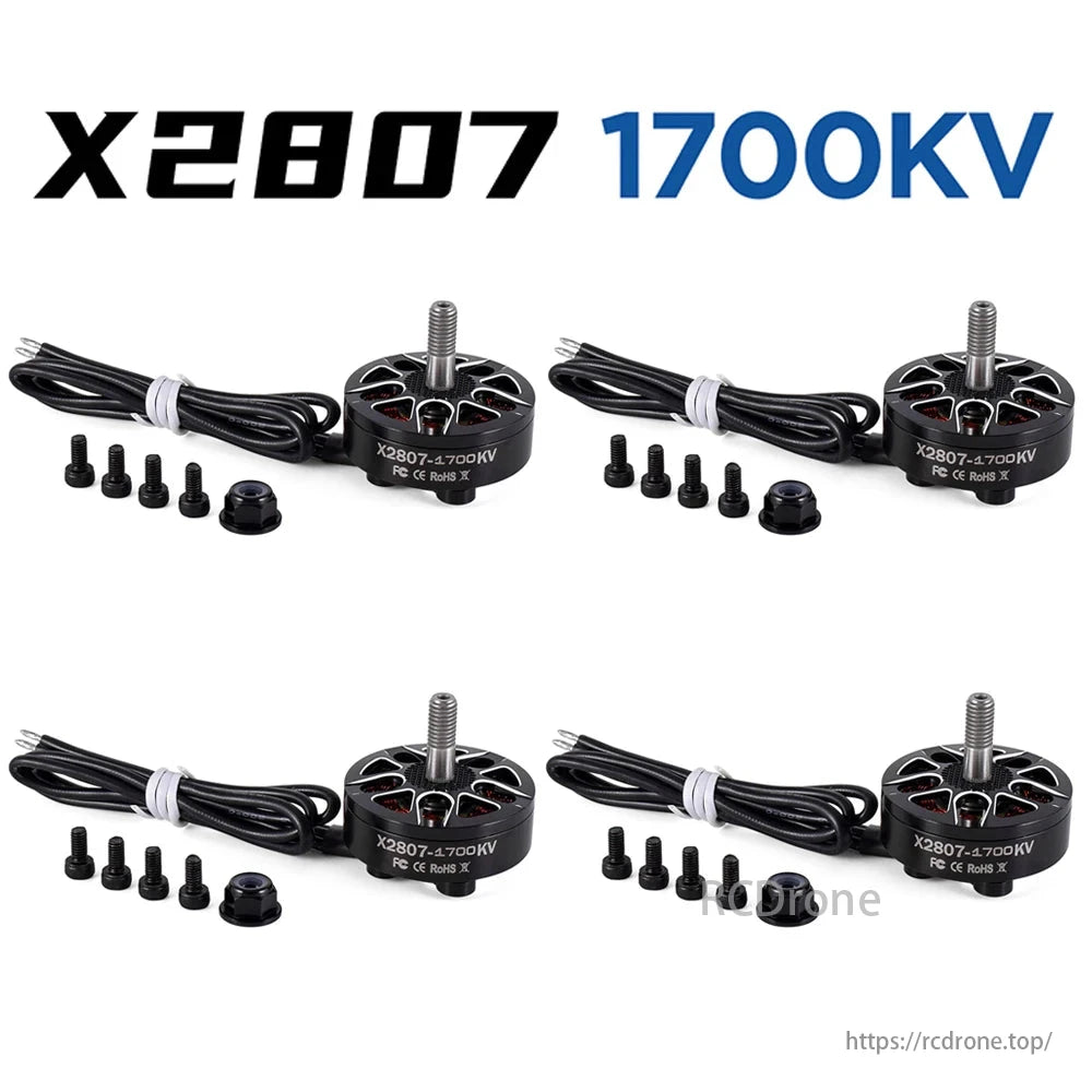 X2807 1700KV brushless motors for RC FPV drones, multicopter-compatible, include cables, screws, nuts, support 2-6S, 4mm/5mm shaft, compact, high-performance.