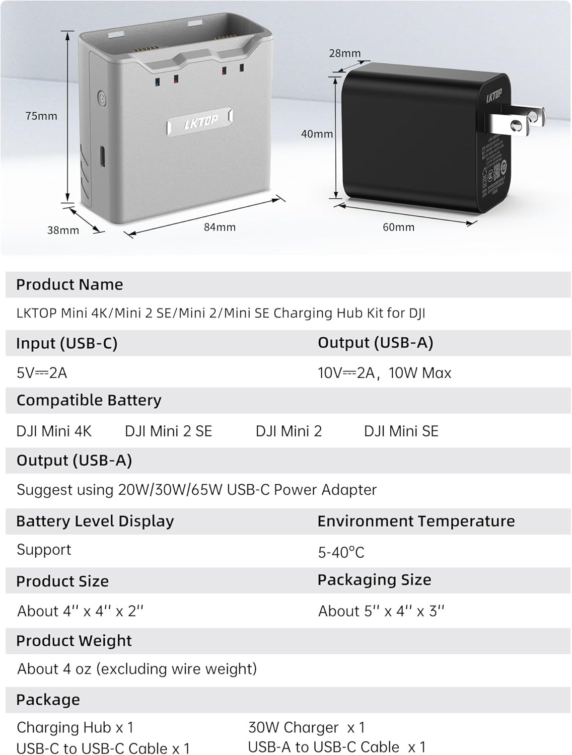 LKTOP hub charges two DJI Mini batteries, works as a power bank, includes 30W charger, and fits Mini 4K/2 SE/2/SE models.