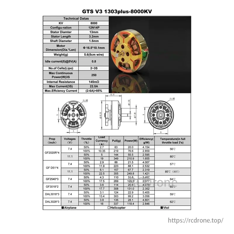 GTS V3 motor: KV 8000, 13mm stator, 5.6g. 250W max power at 3S, 22.5A, >85% efficiency. Perfect for FPV racing drones. Lightweight, efficient.