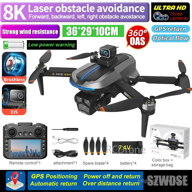 AE8 Drone, 8K laser obstacle avoidance drone with strong wind resistance, 360° OAS, GPS return, optical flow, brushless motors, EIS, low power warning, and ultra HD cameras. Includes remote control and accessories.