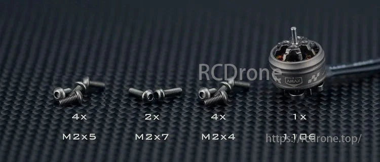 AMAX 1106 Competition Brushless Motor, AMAX 1106 motor includes M2x5, M2x7, M2x4 screws and a single shaft for secure assembly and optimal performance.