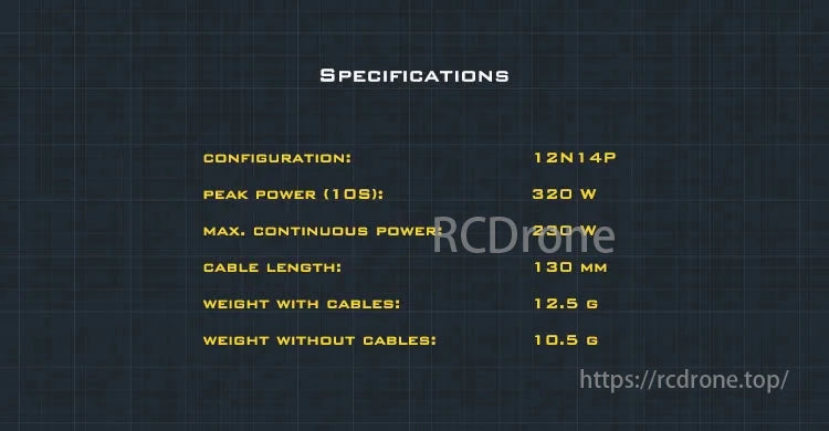 12N14P motor specs: 320W peak, 230W continuous power, 130mm cable, 12.5g with cables, 10.5g without.