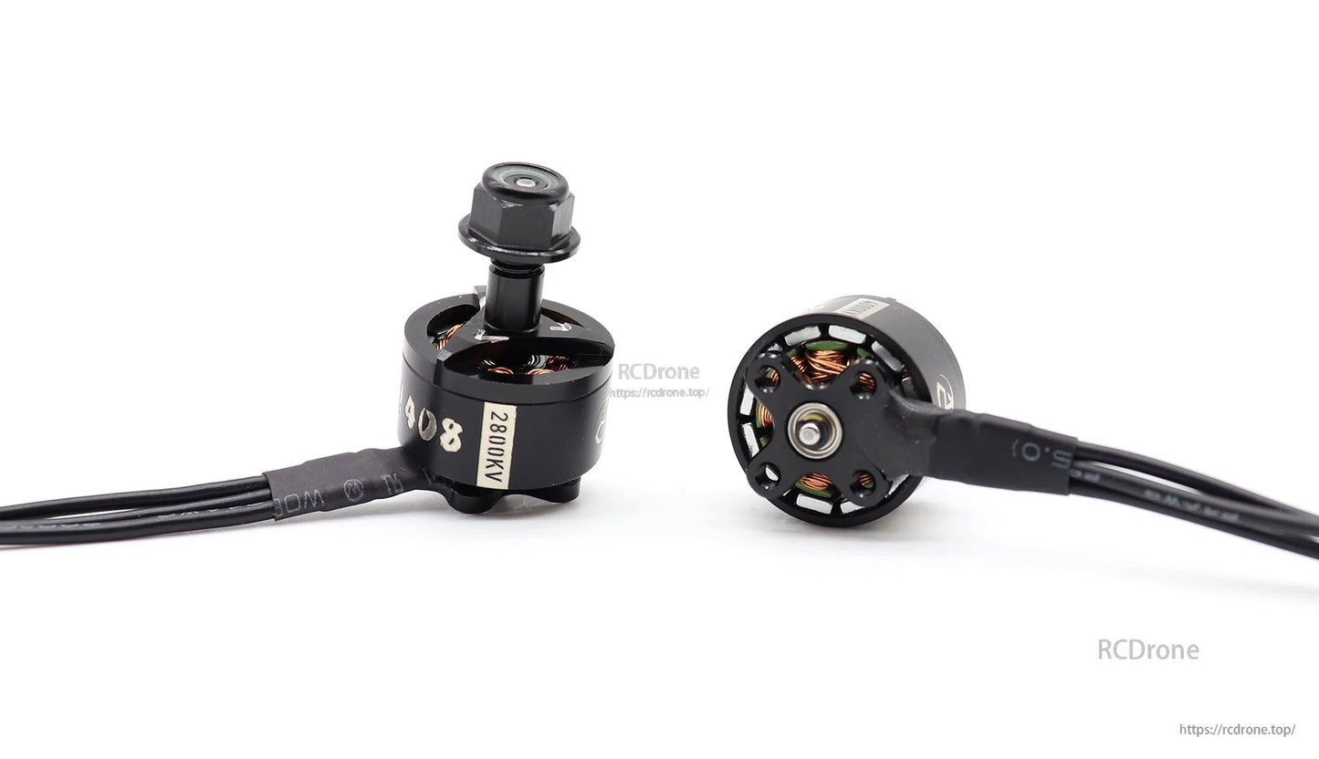 ATOMRC 1408 brushless motor pair showing side and bottom views with cable leads
