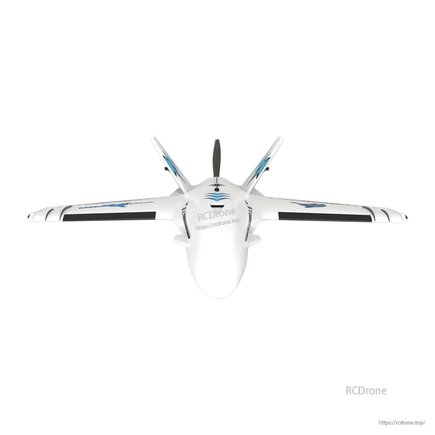 White Dolphin Pro FPV aircraft front view showing wingspan, nose, and V-tail fins behind