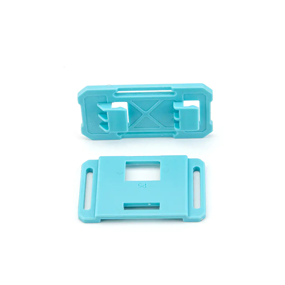 Blue plastic hatch cover parts with mounting slots for Atomrc Dolphin fixed-wing fuselage access panel
