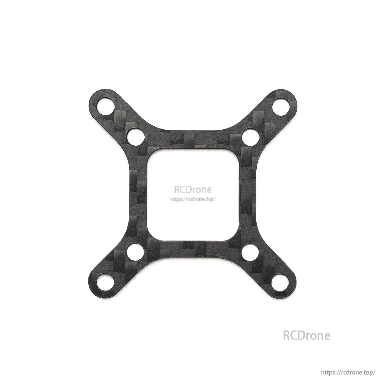 X-shaped carbon fiber mounting plate with corner bolt holes, RCDrone branding visible