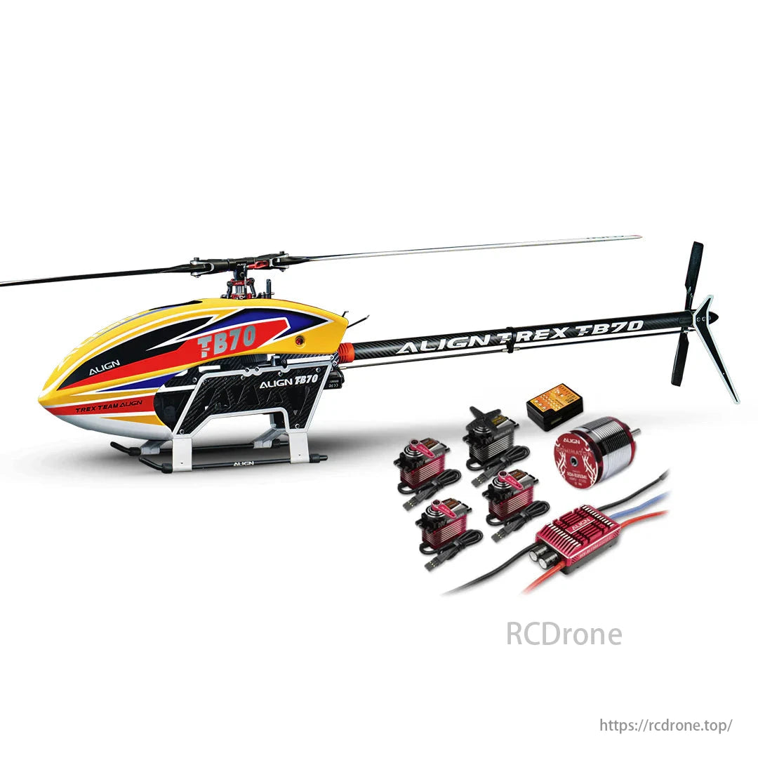 The Align T-REX TB70 V2 RC Helicopter Kit includes various parts for assembly and requires charging of batteries.