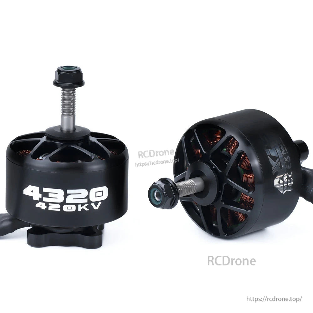 Axisflying 4320 Brushless Motor, Axisflying 4320 brushless drone motor pair, black housing with exposed copper windings and 420KV marking
