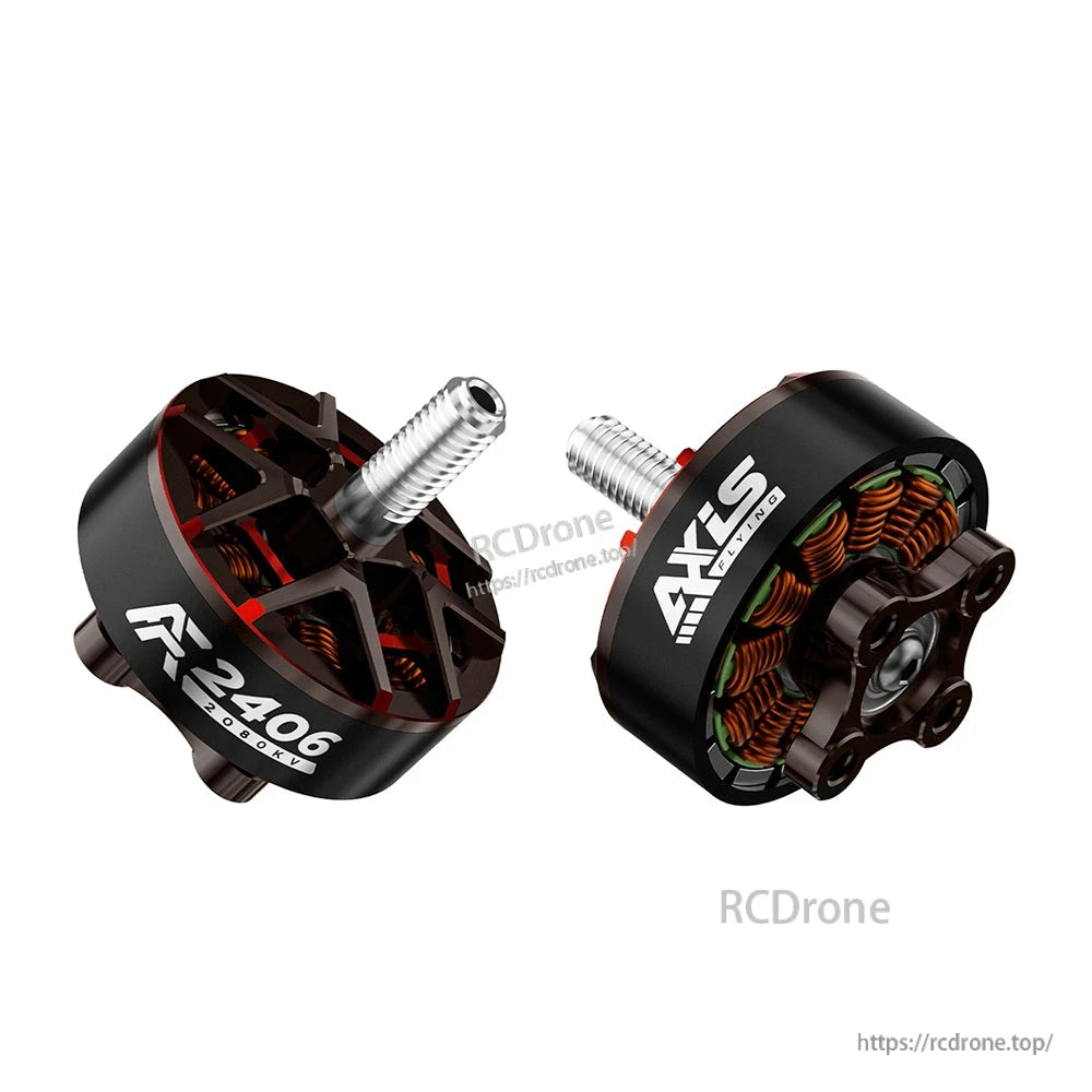 Axisflying AF2406 2080KV brushless motor pair with black/red open-bell design and threaded prop shaft