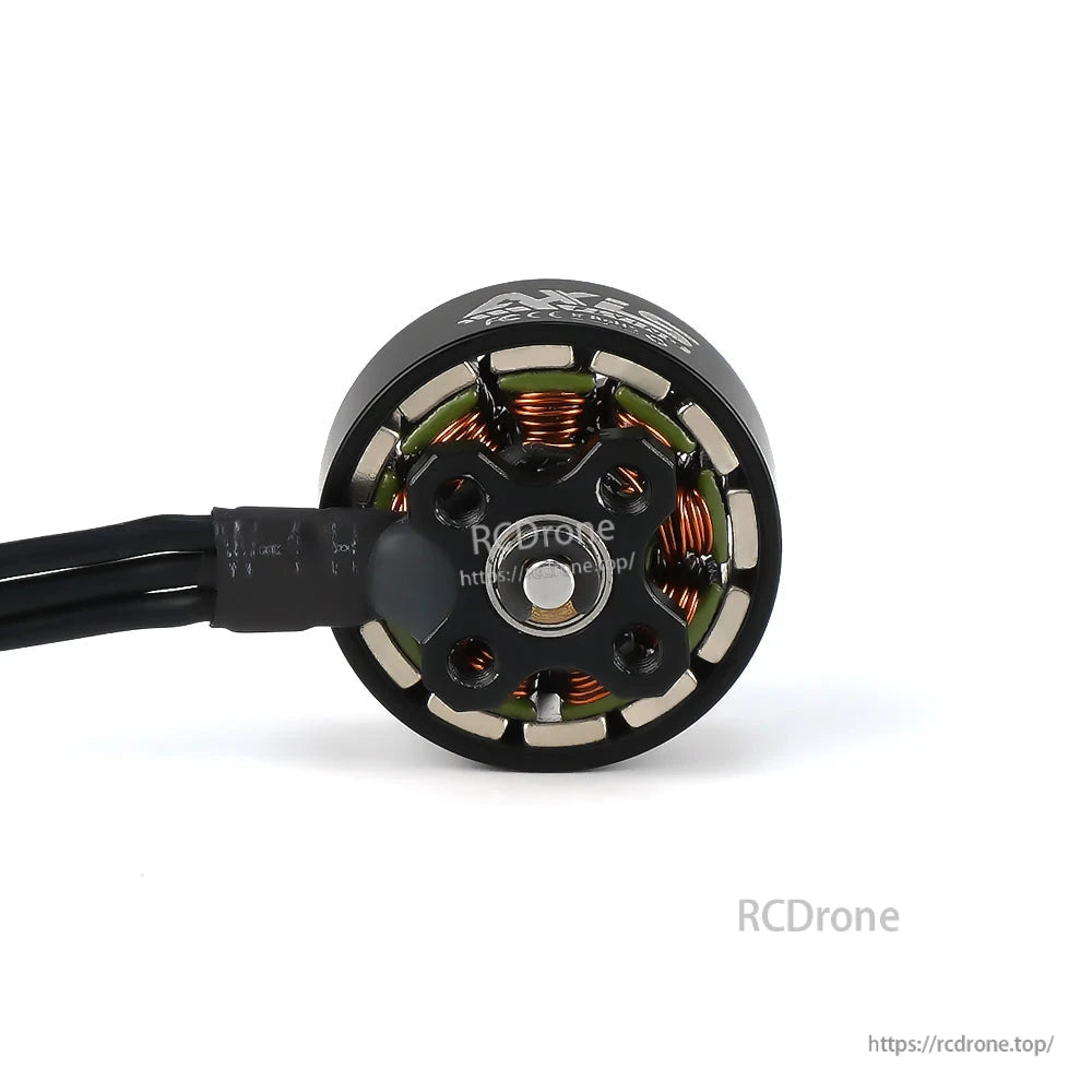 Axisflying C145 1404.5 4500KV 4S Brushless Motor, Axisflying C145 1404.5 brushless drone motor close-up showing base plate, windings, and three motor wires