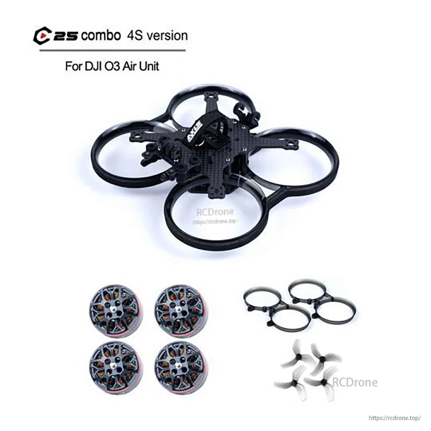 Axisflying Cineon C25V2 2.5 inch FPV Frame, C25 combo 4S for DJI O3 Air Unit includes motors, frame, propellers, and protective rings.