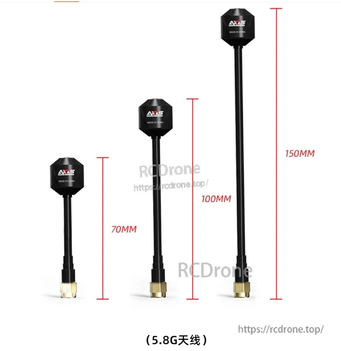 Axisflying RHCP 5.8G Prism FPV Antenna, Axisflying Prism 5.8GHz RHCP FPV antenna set showing 70mm, 100mm and 150mm length options with metal connector