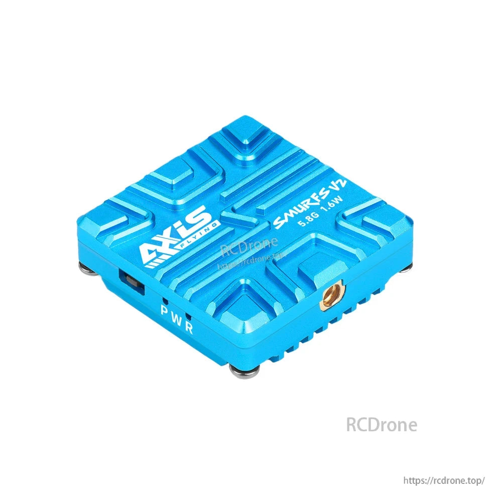 Axisflying SMURFS V2 5.8G 1.6W FPV VTX in blue aluminum case with PWR button and antenna connector