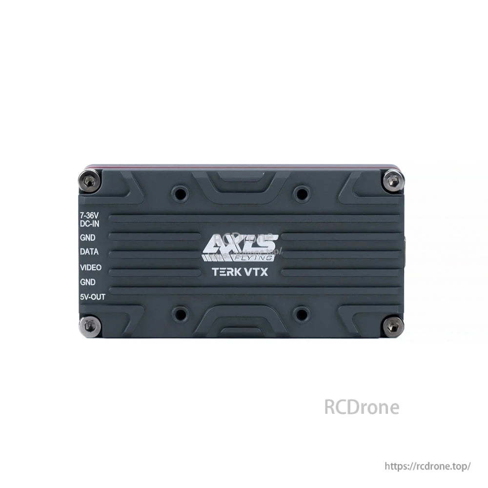 Axisflying TERK 3.3G 2.5W Analog VTX, Axisflying TERK VTX supports 7-36V input, features MMCX, NTSC/PAL video, dual-core processor, MIC, LED, and provides DATA, VIDEO, GND, and 5V output.