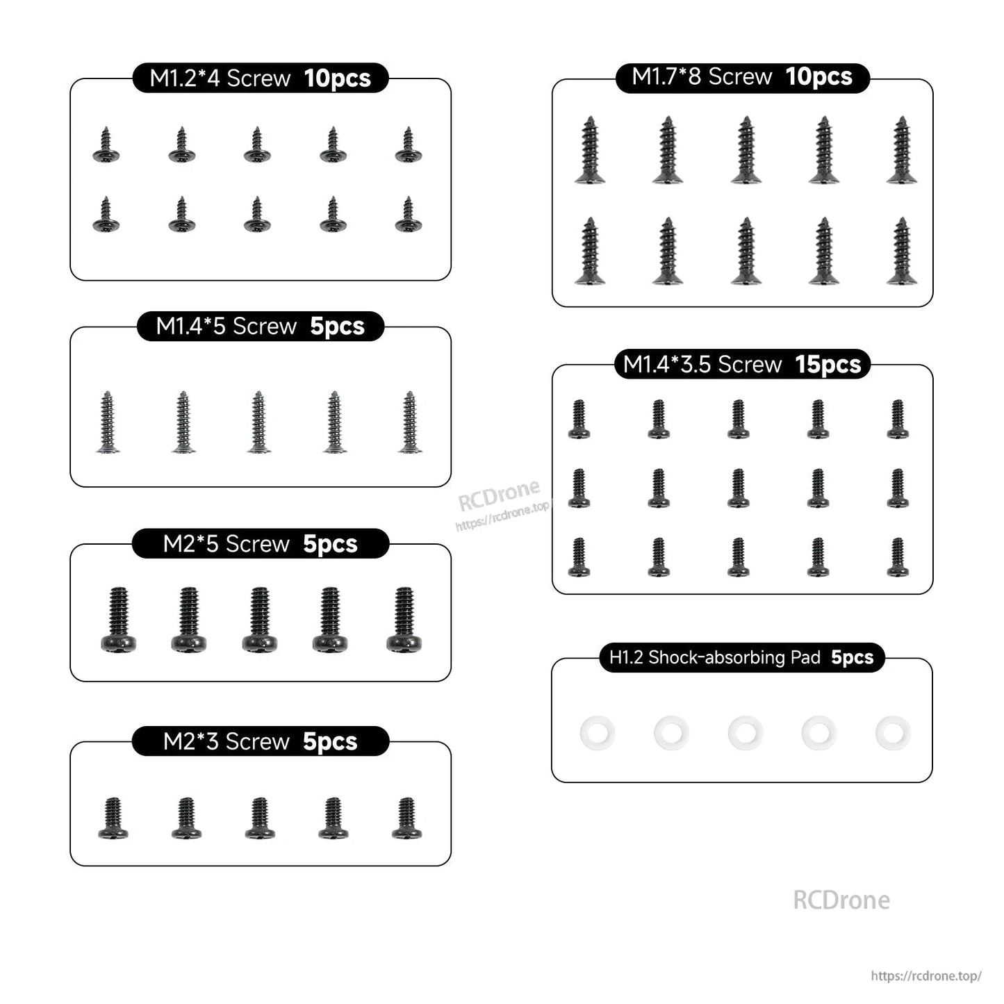 Hardware assortment chart with M1.2×4, M1.7×8, M1.4×5, M1.4×3.5, M2×5, M2×3 screws and H1.2 pads