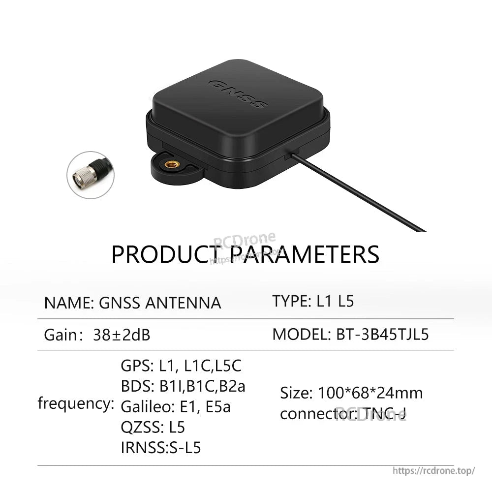Product parameters for BT-3B45TJL5 L1/L5 antenna with mounting tab, 100×68×24 mm, TNC-J connector