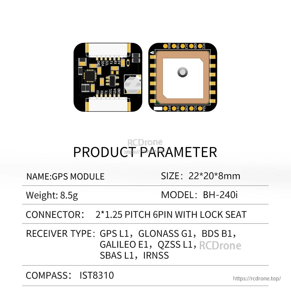 Product parameter sheet showing model BH-240i, size 22×20×8 mm, and GNSS systems supported