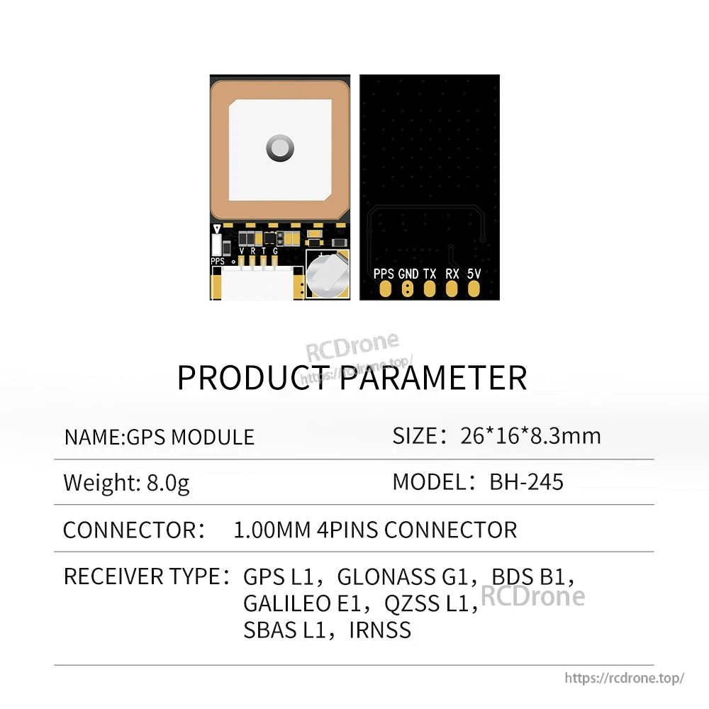 BH-245 parameter sheet listing module size, 4-pin connector, and multi-constellation receiver types