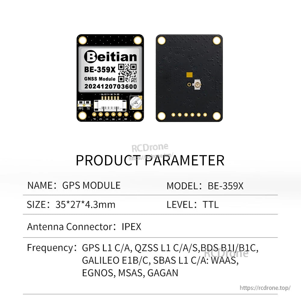 Beitian BE-359X GNSS module board with IPEX antenna connector, TTL interface, and mounting holes