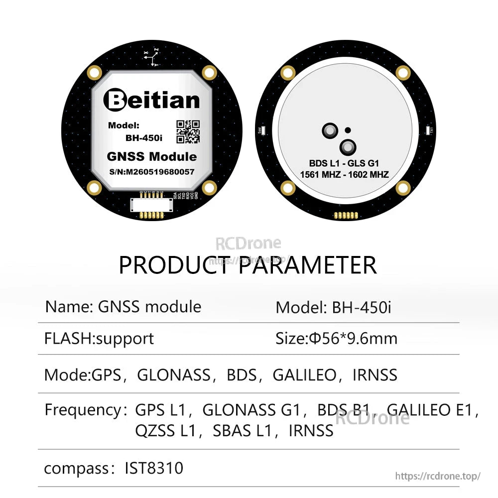 BH-450i GNSS module front and back views with parameter sheet and IST8310 compass